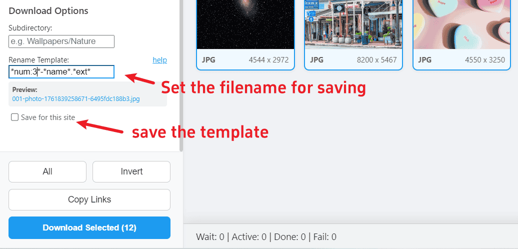 Specify the filename for saving